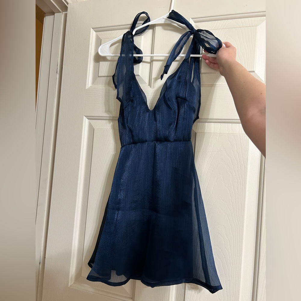 Shiny A-Line Blue Dress with Bows